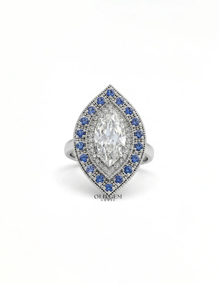 Art Deco Old Mine Marquise Sapphire Double Halo Ring Engagement Ring