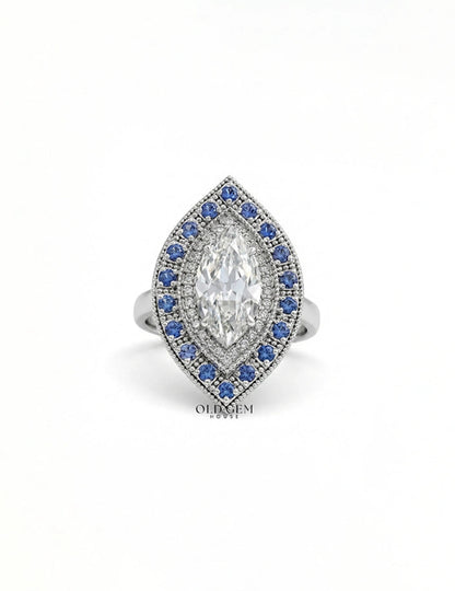 Art Deco Old Mine Marquise Sapphire Double Halo Ring Engagement Ring