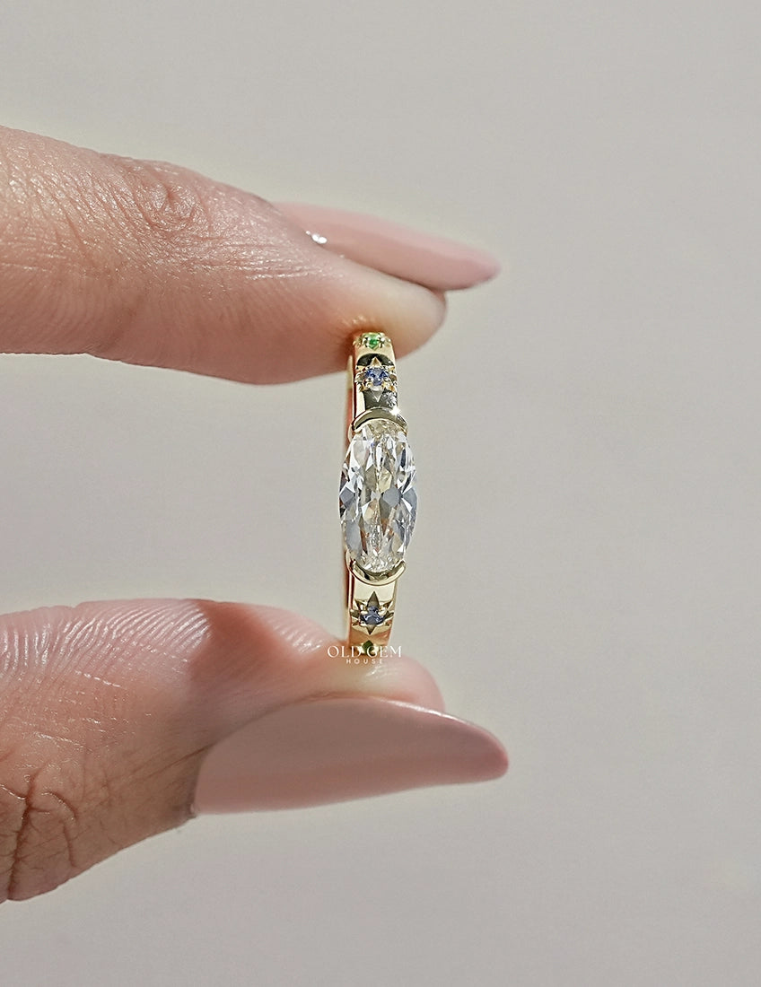 Georgian East West Old Mine Moval Half Bezel Set Ring Engagement Ring