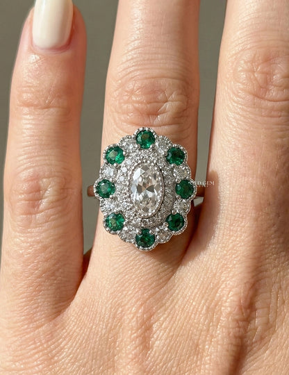 Old Mine Oval Lab Green Gemstone Halo Engagement Ring