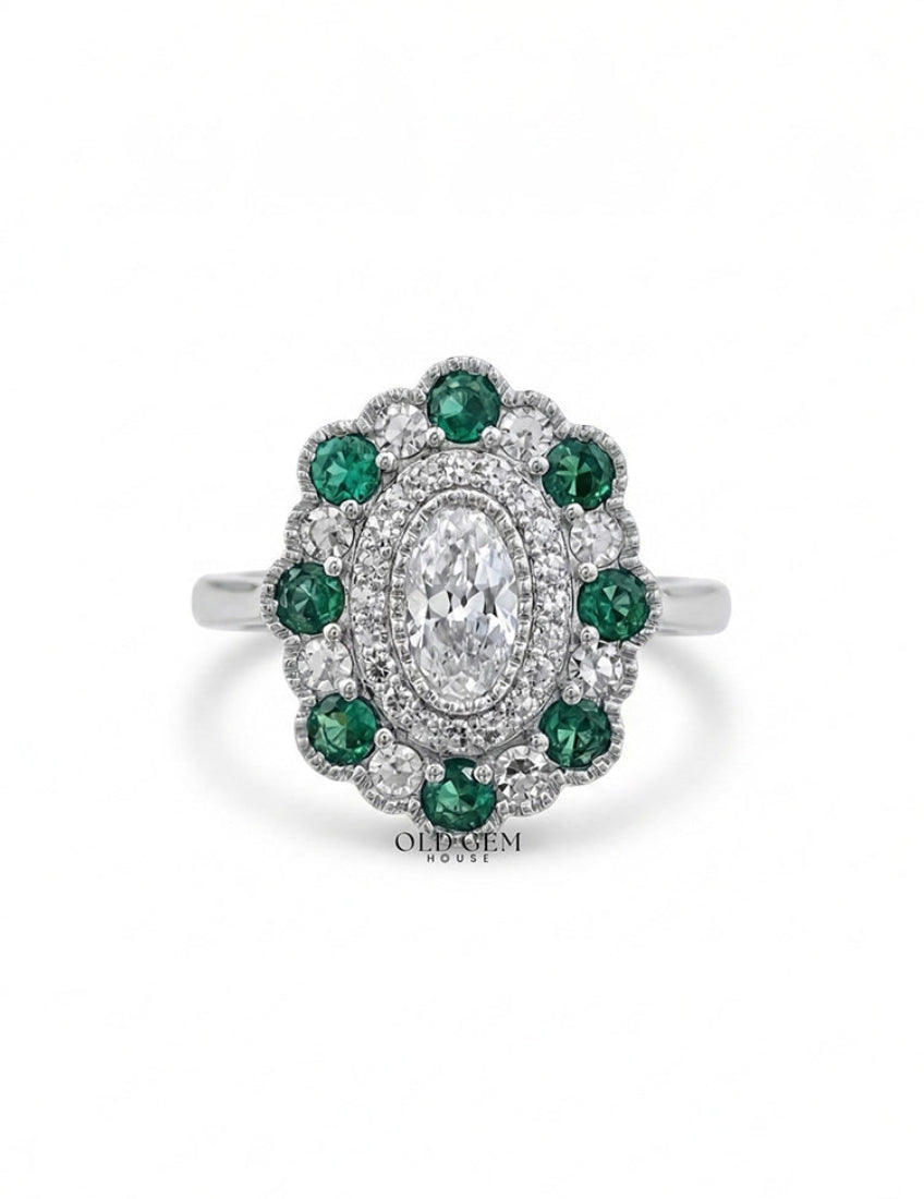 Emerald Art Deco Old Mine Oval Cut Double Halo Ring Engagement Ring