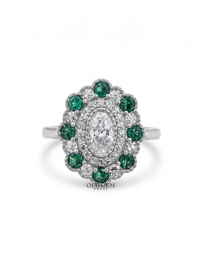 Emerald Art Deco Old Mine Oval Cut Double Halo Ring Engagement Ring