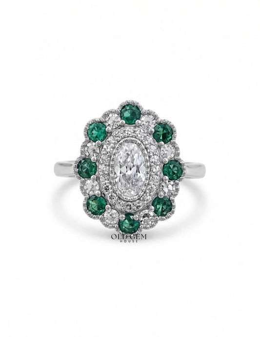 Emerald Art Deco Old Mine Oval Cut Double Halo Ring Engagement Ring