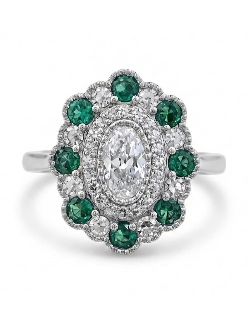 Emerald Art Deco Old Mine Oval Cut Double Halo Ring Engagement Ring