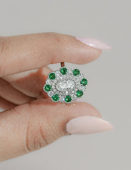 Emerald Art Deco Old Mine Oval Cut Double Halo Ring Engagement Ring