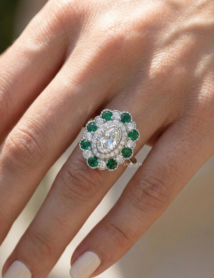 Old Mine Oval Lab Green Gemstone Halo Engagement Ring