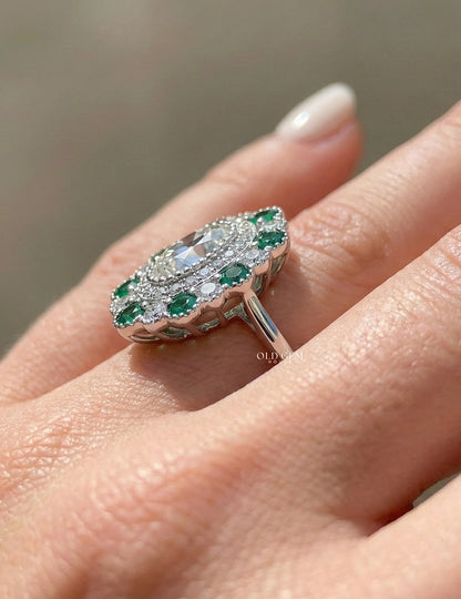 Old Mine Oval Lab Green Gemstone Halo Engagement Ring
