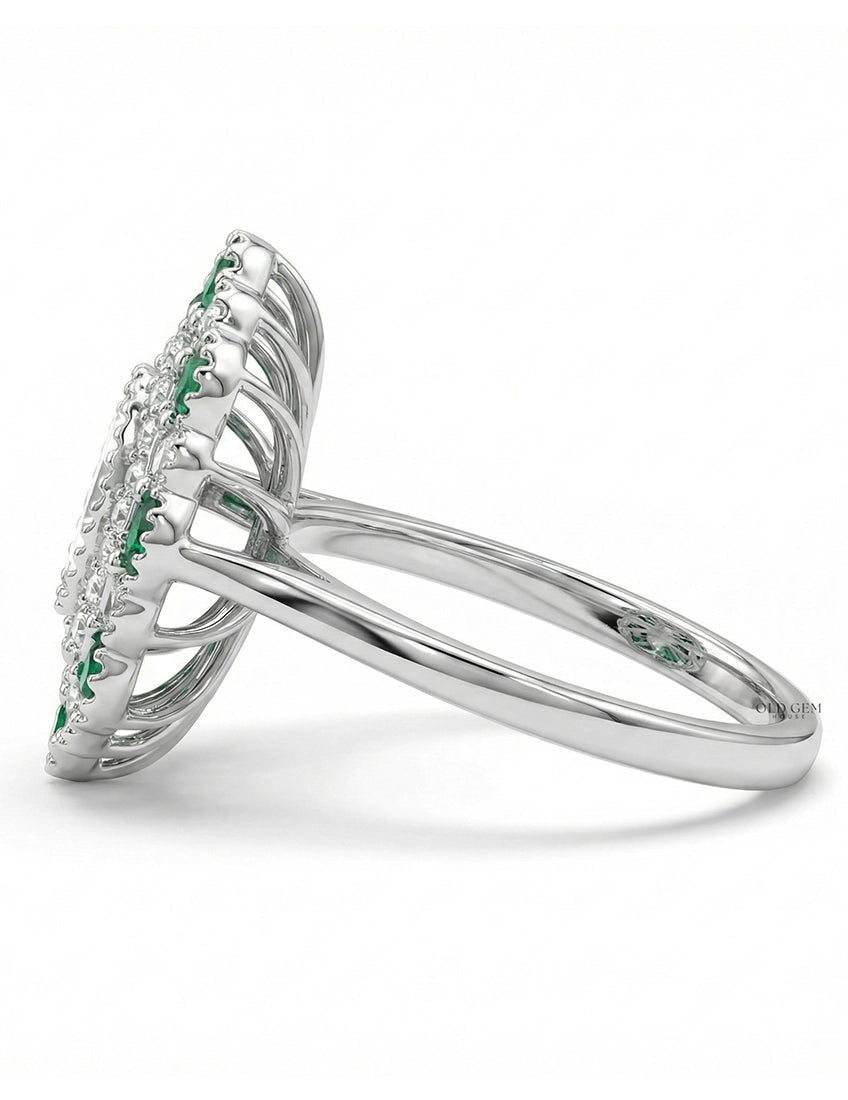 Old Mine Oval Lab Green Gemstone Halo Engagement Ring