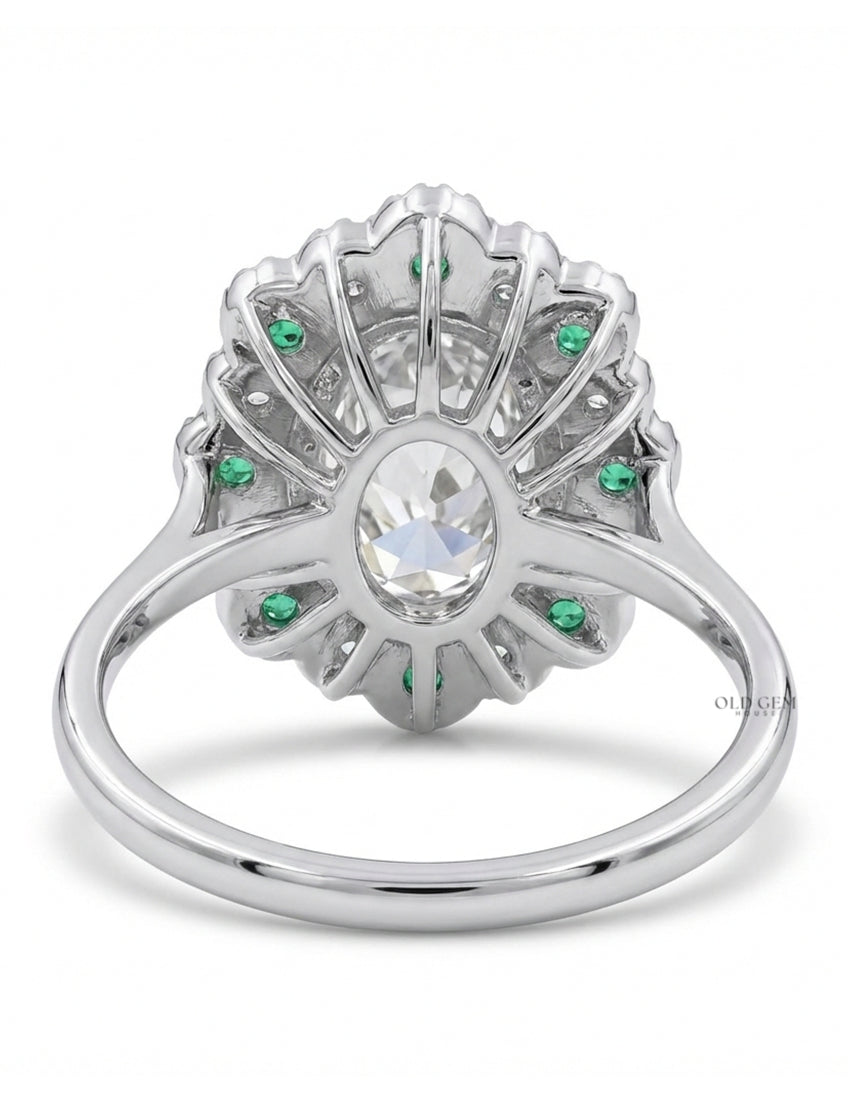 Old Mine Oval Lab Green Gemstone Halo Engagement Ring