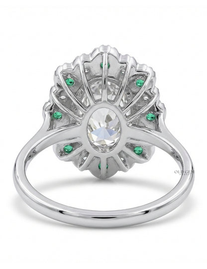 Old Mine Oval Lab Green Gemstone Halo Engagement Ring