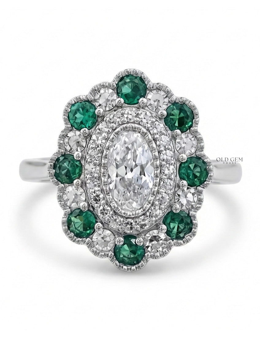 Old Mine Oval Lab Green Gemstone Halo Engagement Ring