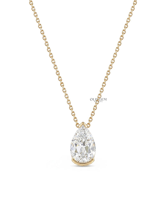 Old Mine Pear Diamond Half Bezel Set Pendant Necklaces