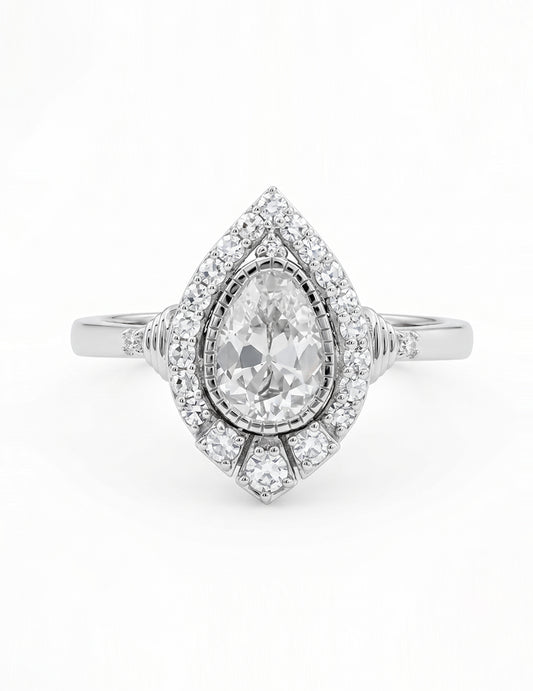 Edwardian Vintage Old Mine Pear Shape Lab Diamond Halo Ring Engagement Ring