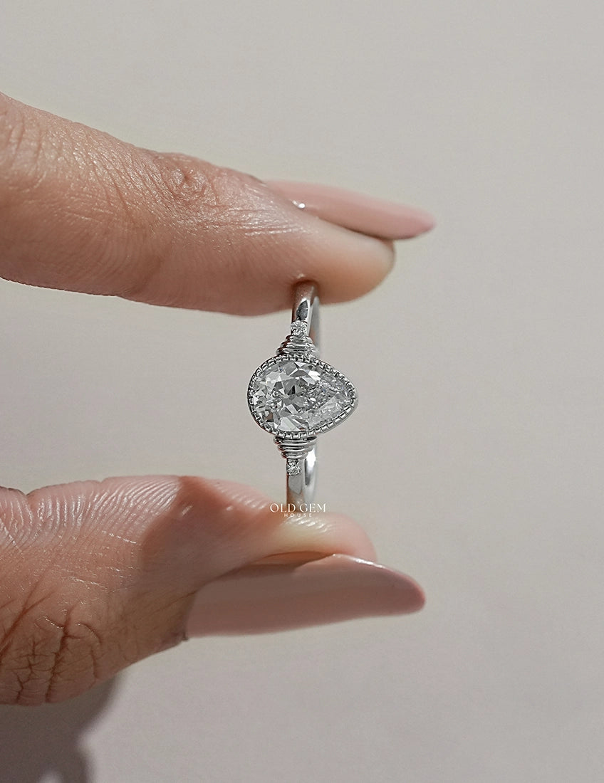 Edwardian Old Mine Pear Milgrain Bezel Set Ring Engagement Ring