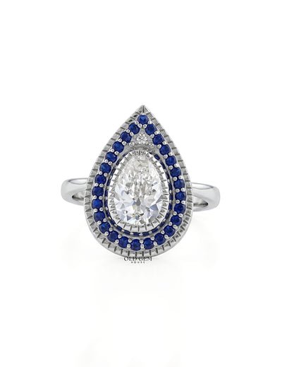 Old Mine Pear Cut Sapphire Halo Engagement Ring