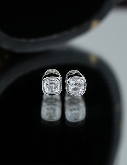 Old Mine Cushion Bezel Stud Earrings