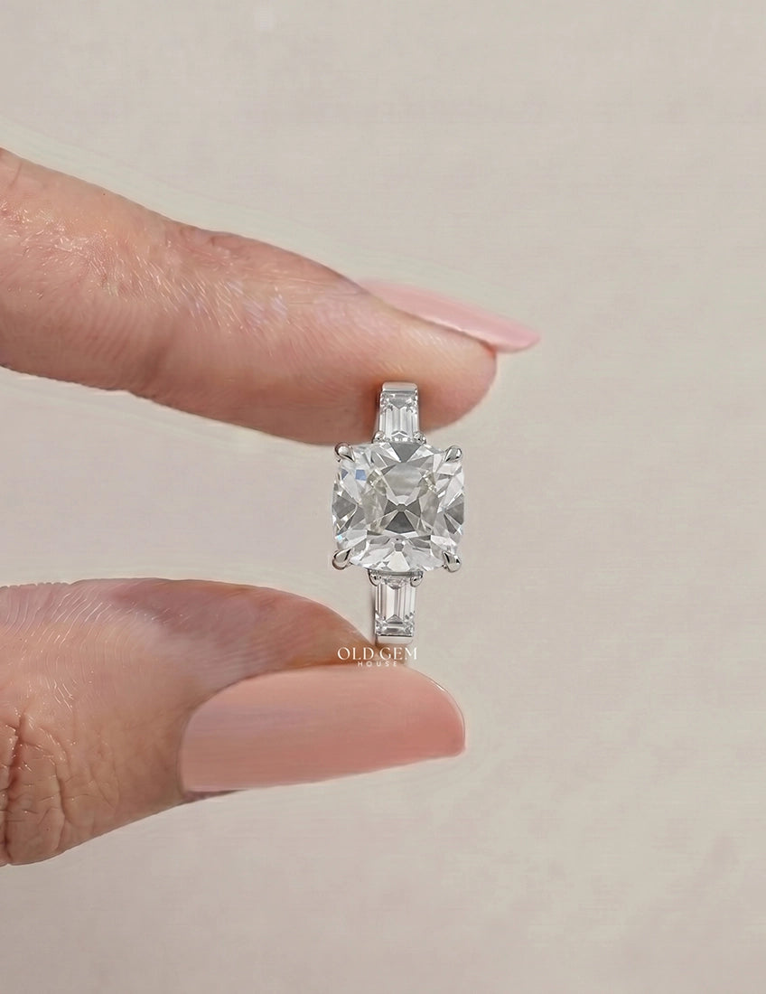 Art Deco Old Mine Cut Three Stone Engagement Ring Engagement Ring