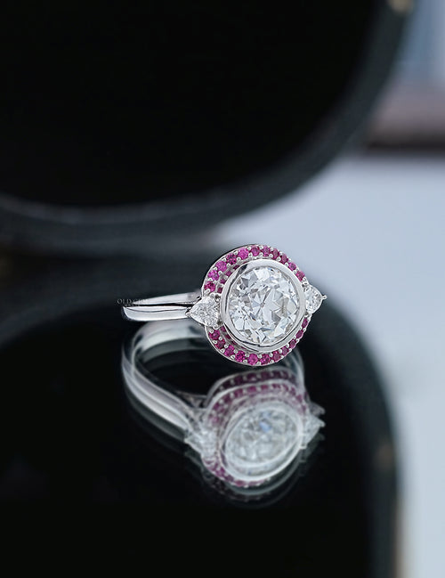 Art Deco Old European Round Cut Pink Gemstone Halo Ring