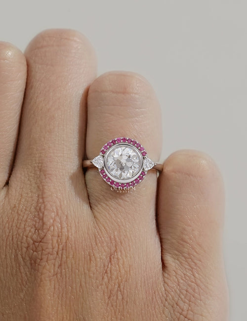Art Deco Old European Round Cut Pink Gemstone Halo Ring