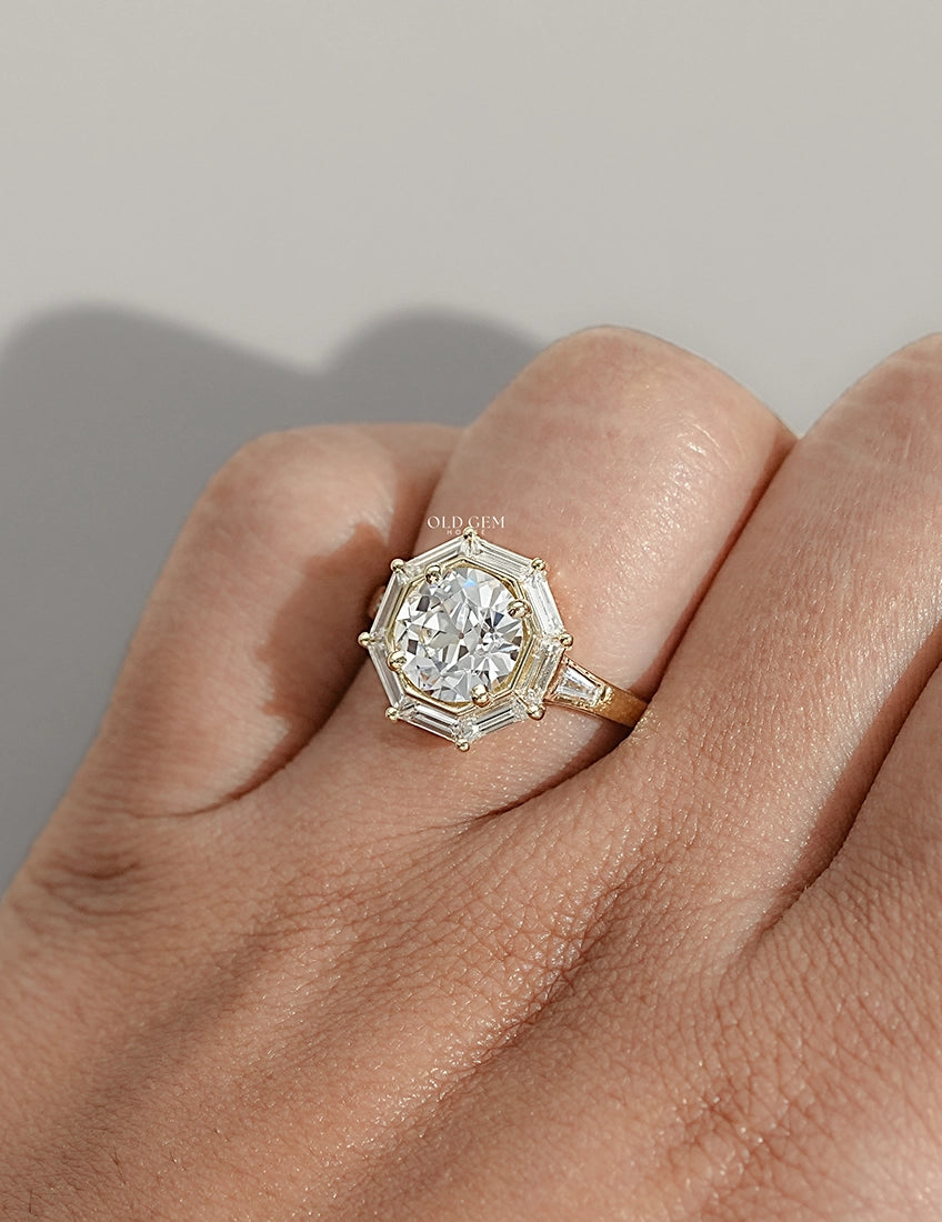 Mid Century Old European Round Cut Lab Diamond Halo Ring Engagement Ring