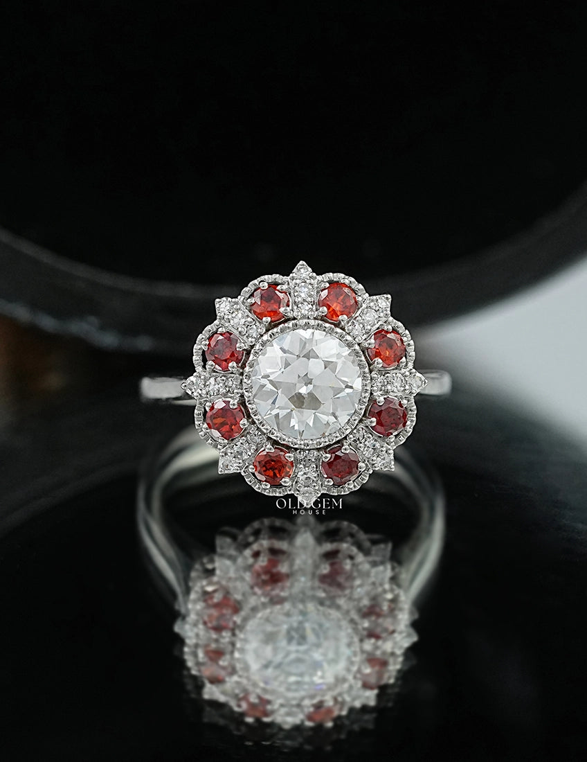 OEC Round Red Gemstone Halo Engagement Ring Engagement Ring