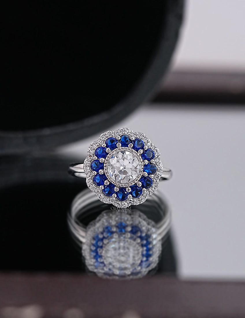 Old European Round Double Halo Ring Engagement Ring