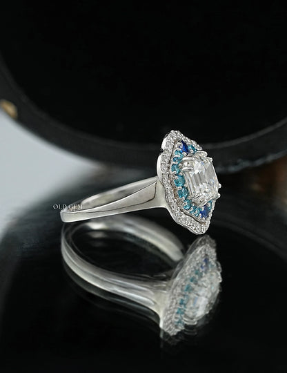 Old Mine Asscher Blue Sapphire Halo Ring