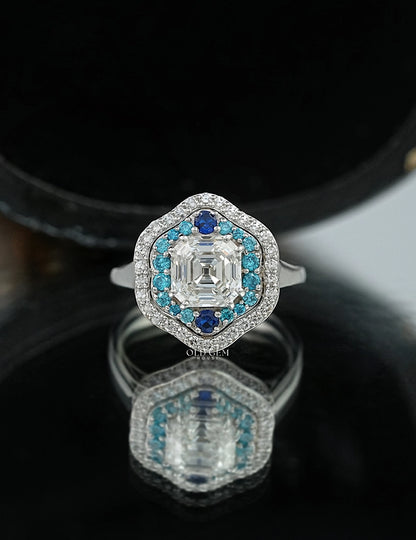 Old Mine Asscher Blue Sapphire Halo Ring