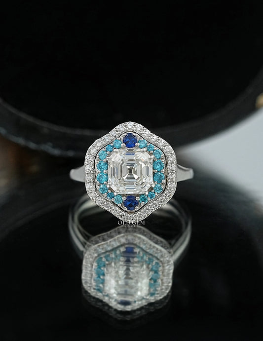 Old Mine Asscher Blue Sapphire Halo Ring