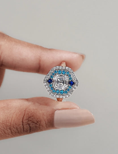 Old Mine Asscher Blue Sapphire Halo Ring