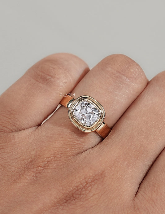 Old Mine Cushion Lab Diamond Bezel Set Ring
