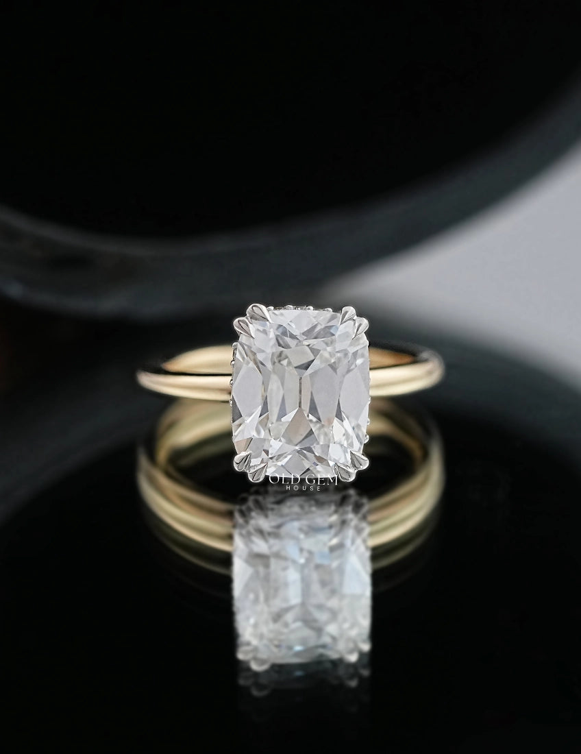 Old Mine Cushion Cut Lab Grown Diamond Hidden Halo Ring Engagement Ring
