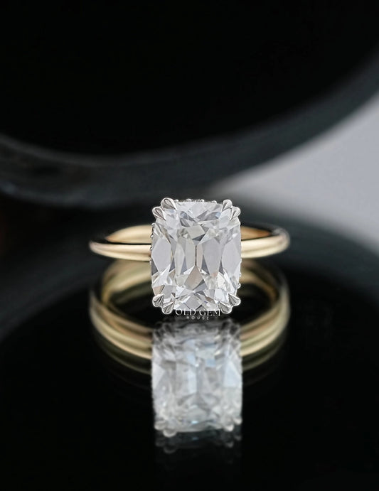 Old Mine Cushion Cut Lab Grown Diamond Hidden Halo Ring Engagement Ring
