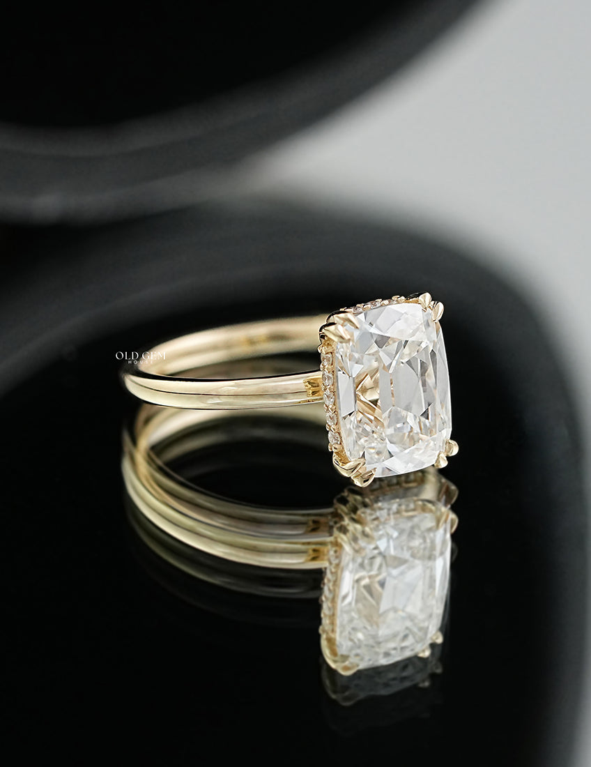 Old Mine Cushion Double Prong Set Hidden Halo Ring
