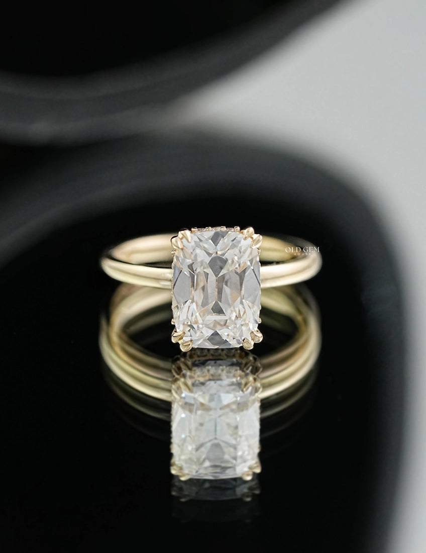 Old Mine Cushion Double Prong Set Hidden Halo Ring Engagement Ring