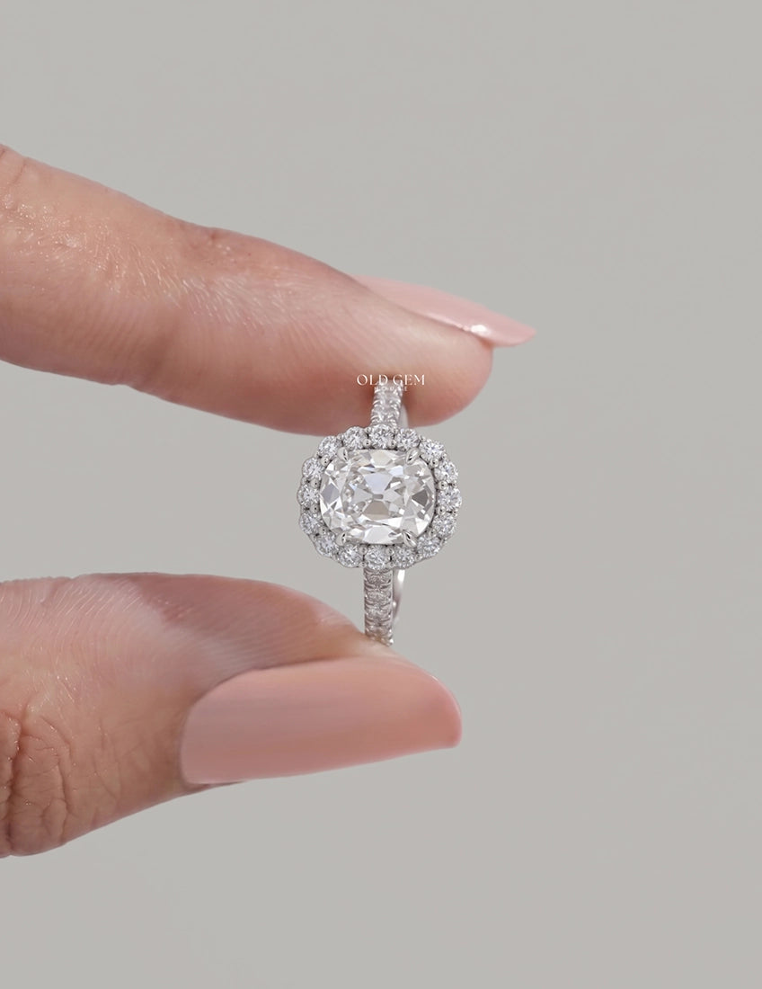 Mid Century Old Mine Cushion Cut Halo Accent Engagement Ring Engagement Ring