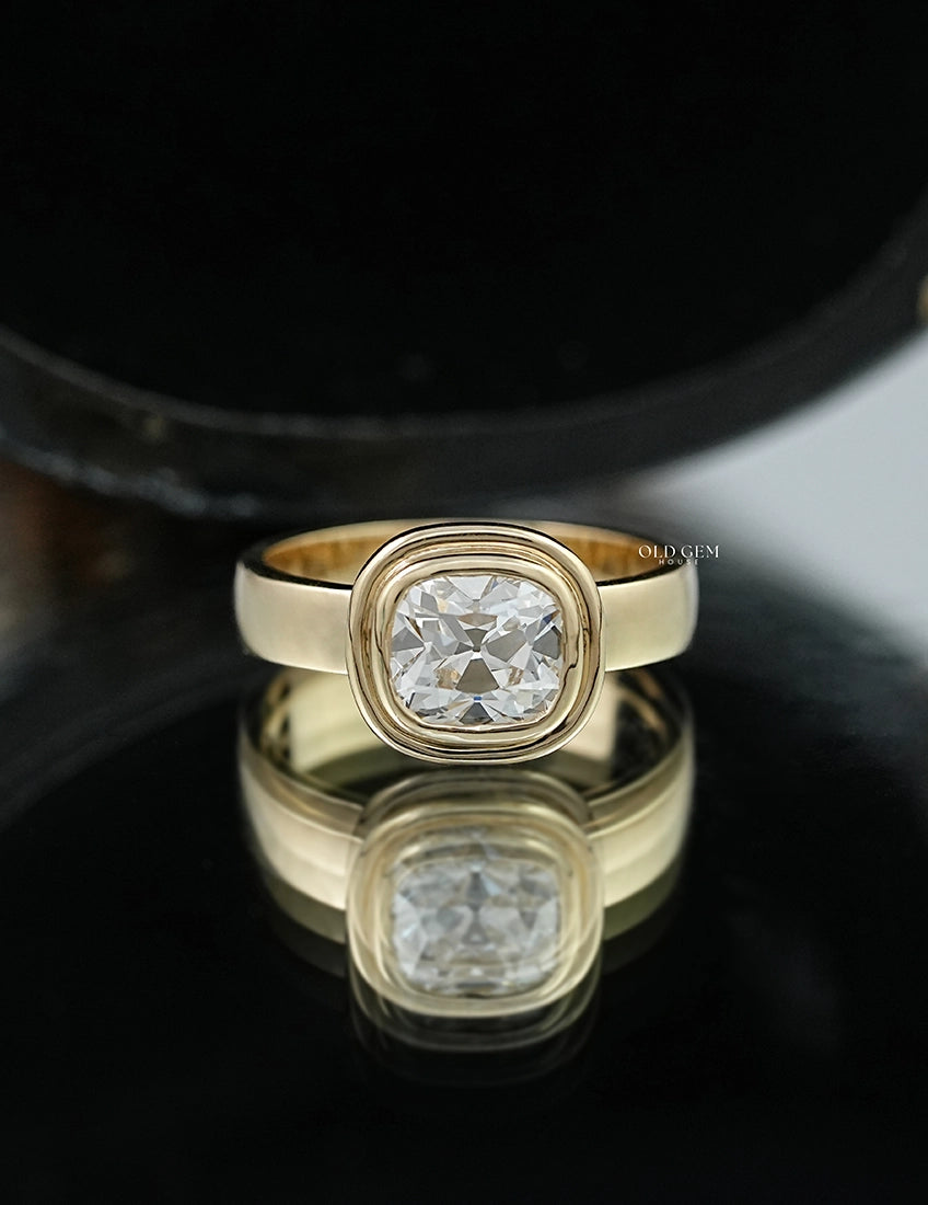 Old Mine Cushion Lab Diamond Bezel Set Ring