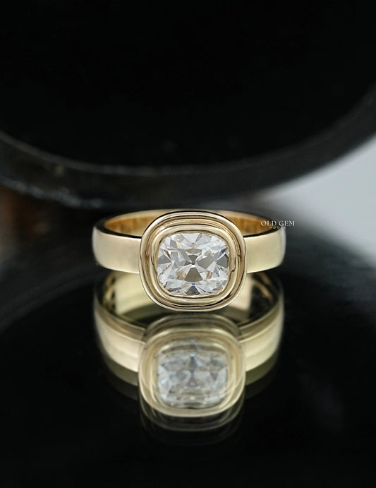 Old Mine Cushion Lab Diamond Bezel Set Ring Engagement Ring