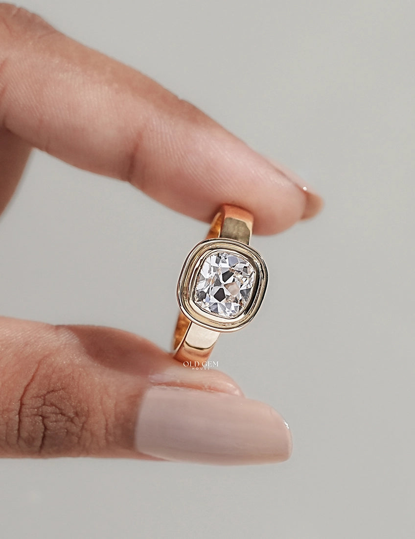 Old Mine Cushion Lab Diamond Bezel Set Ring