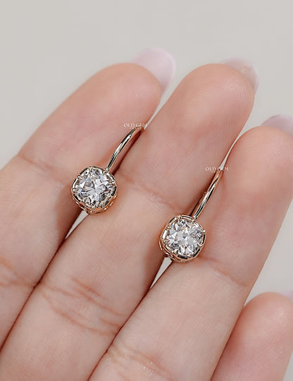 Old Mine Cushion Lab Diamond Huggie Hoop Earrings