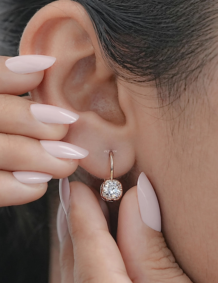 Old Mine Cushion Lab Diamond Huggie Hoop Earrings