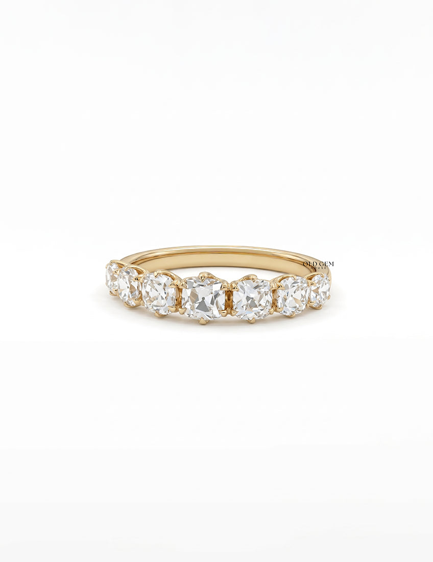 Mid Century Square Old Mine Cushion Half Eternity Band Wedding Band