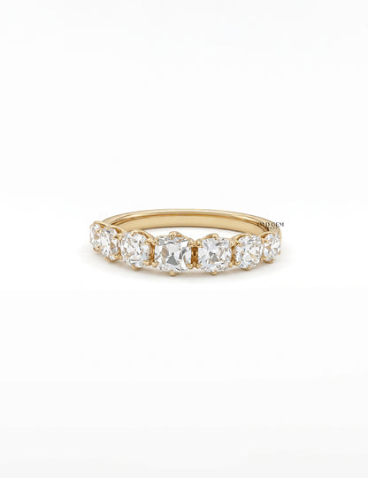 Mid Century Square Old Mine Cushion Half Eternity Band Wedding Band
