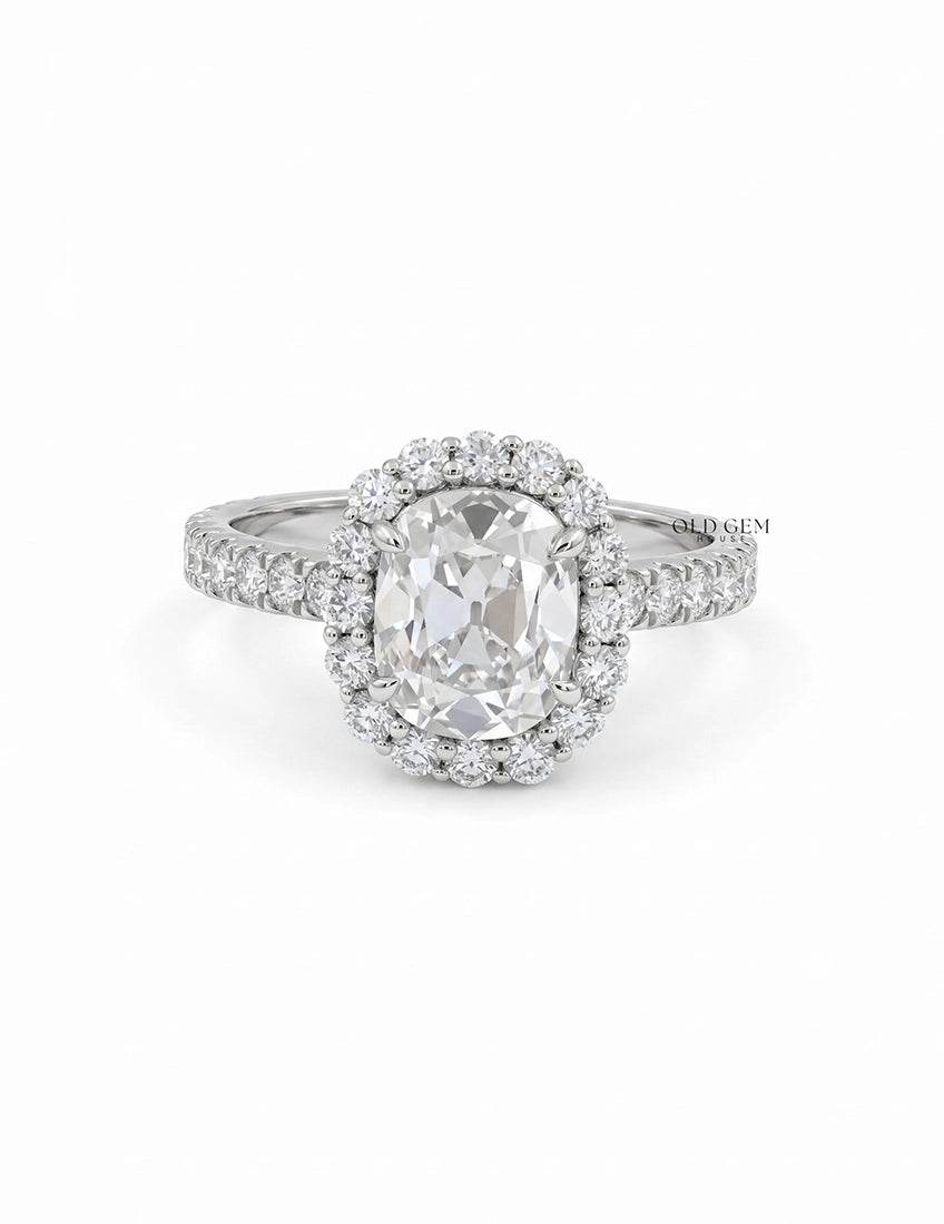 Mid Century Old Mine Cushion Cut Halo Accent Engagement Ring Engagement Ring