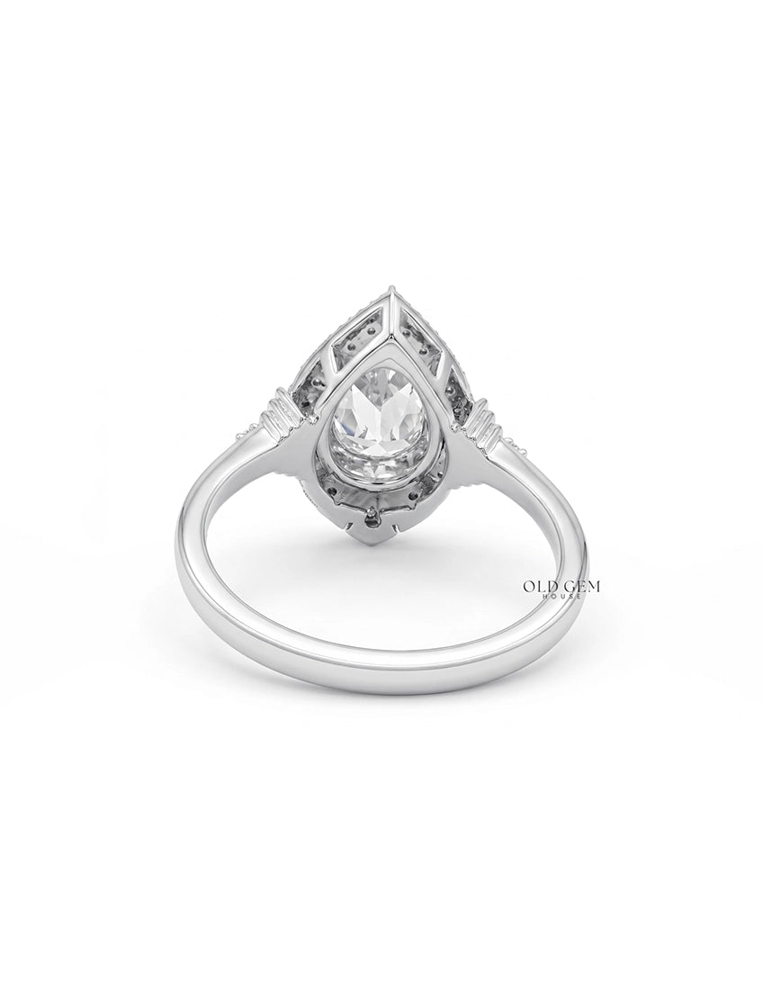 Edwardian Vintage Old Mine Pear Shape Lab Diamond Halo Ring Engagement Ring