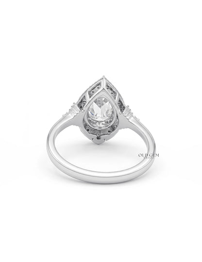 Edwardian Vintage Old Mine Pear Shape Lab Diamond Halo Ring Engagement Ring