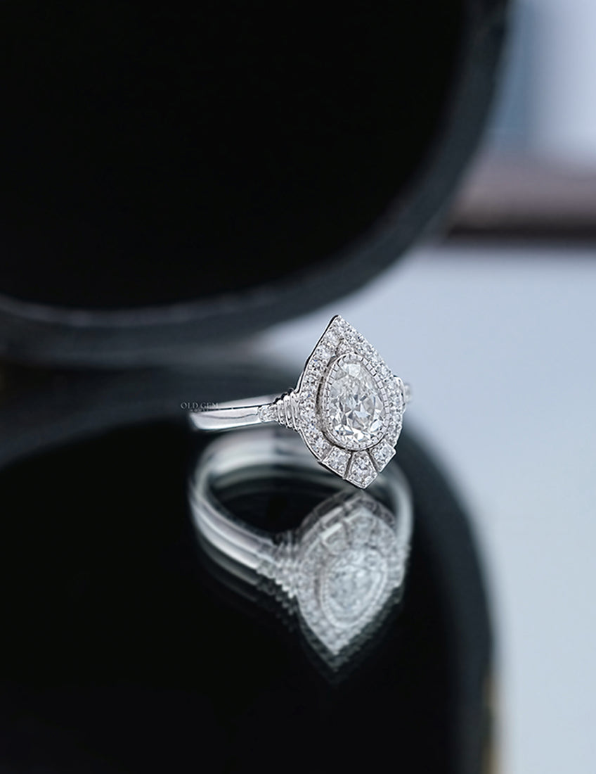 Old Mine Pear Halo Ring Engagement Ring