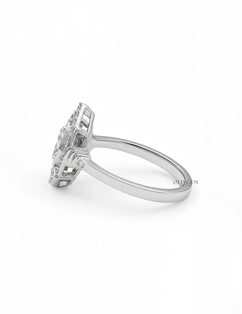 Edwardian Vintage Old Mine Pear Shape Lab Diamond Halo Ring Engagement Ring