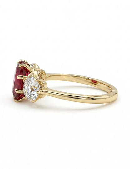 Red Gemstone Oval Cut Three Stone Engagement Ring