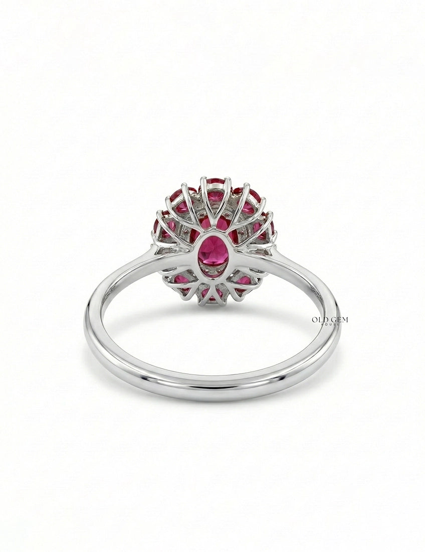 Art Deco Oval Ruby Gemstone Double Halo Engagement Ring Engagement Ring